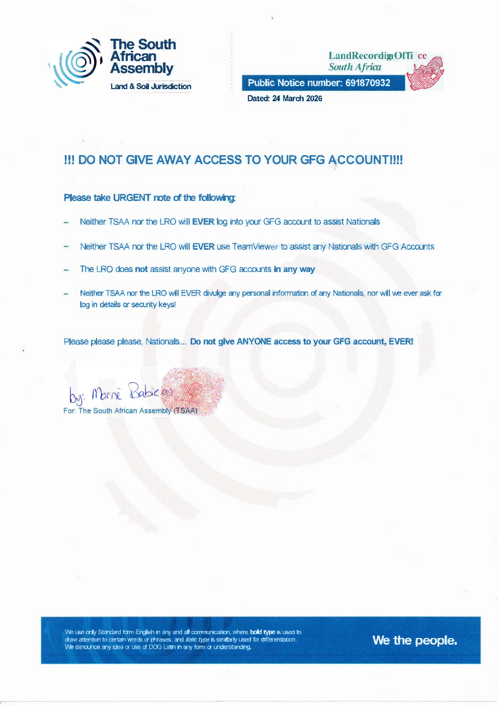 Public notice The South African assembly Recording number 691870932